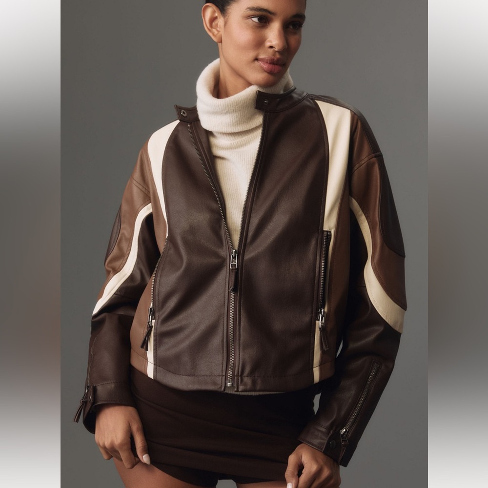 Vegan-Leather Colorblock Race Jacket large ANTHROPOLOGIE